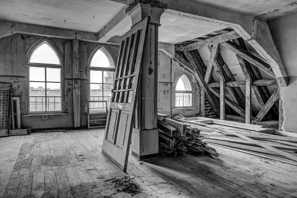 Interior of the Abbey, Monastery Endowment of the Holy Grave, Heiligengrabe, Brandenburg, Germany (2017) black and white image of building renovation