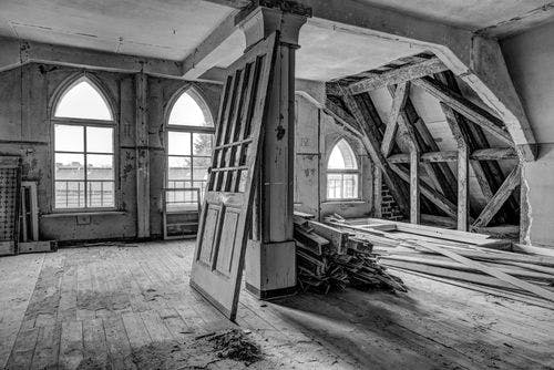 black and white image of building rennovation